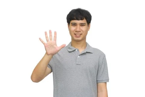 Handsome man counting to five isolated on white background with clipping path Stock Photos