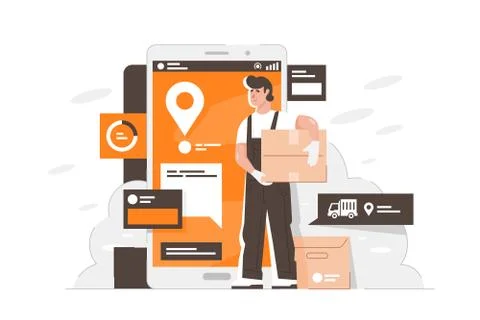 Handsome man delivery boxes to point using smartphone. Stock Illustration