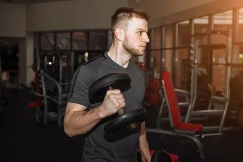 Handsome man doing biceps lifting with dumbbell on bench in a gym Foto stock