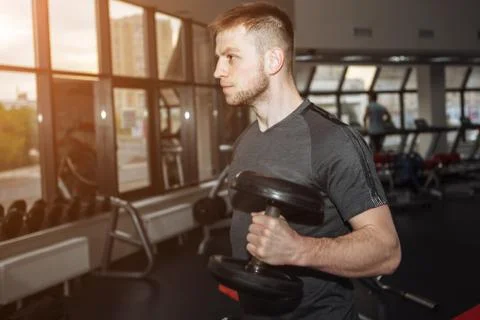 Handsome man doing biceps lifting with dumbbell on bench in a gym Stock Photos