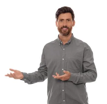 Handsome man gesturing on white background. Weather forecast reporter Stock Photos