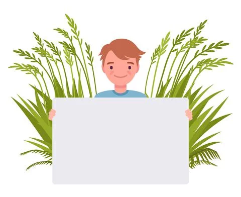 Handsome man holding empty poster on green grass background Stock Illustration