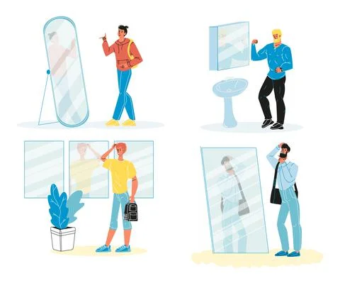 Handsome man looking at mirror isolated set Stock-Illustration