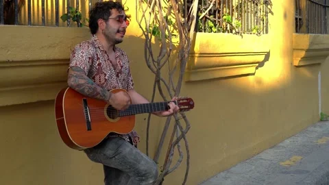 A handsome man playing the guitar Stock Footage 235253956