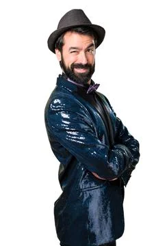 Handsome man with sequin jacket with hat Stock Photos
