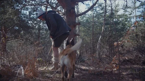 Handsome Man Sitting and Resting After Hardwork in The Forest With His Dog Stock Footage 87534801
