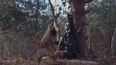 Handsome Man Sitting and Resting After Hardwork in The Forest With His Dog Stock Footage 87535462
