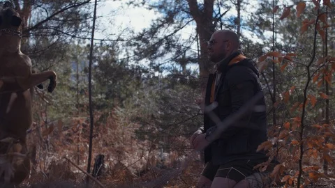 Handsome Man Sitting and Resting After Hardwork in The Forest With His Dog Stock Footage 87565820