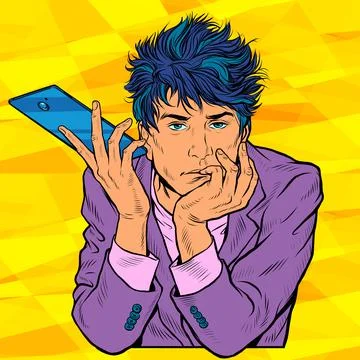 A handsome man with a smartphone thought. Mobile technologies Stock Illustration