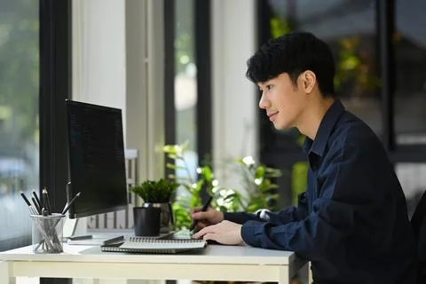 Handsome man software developers working for developing website design and Foto stock