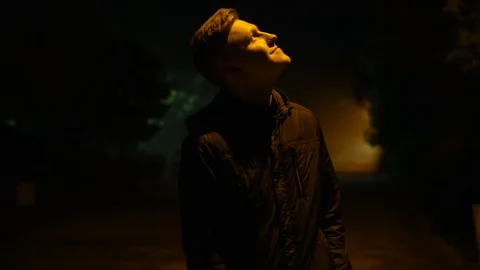 Handsome man standing and looking up on the lantern on the street at night 库存影片 108006457