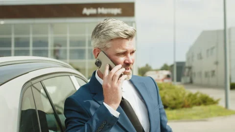 Handsome man talking on phone while electric car charging, closeup. Businessman Stock Footage 235224221