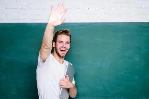 Handsome man use modern technologies. Digital technology. Learn digital sciences Stockfoto's