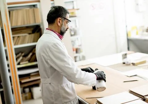 Handsome mature engineer testing colors on wooden specimens 스톡 사진