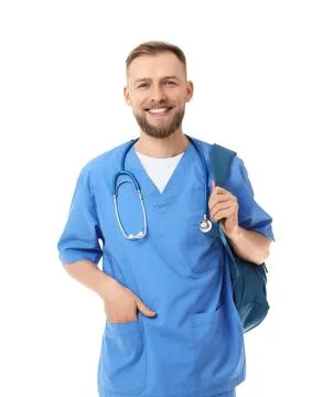 Handsome medical intern with backpack on white background Stock Photos