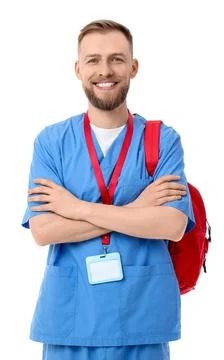 Handsome medical intern with backpack on white background Stock Photos