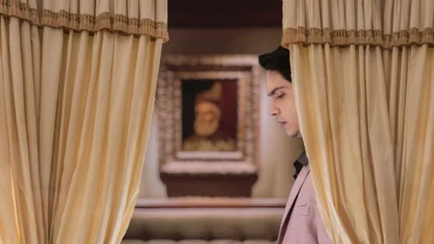 Handsome millennial guy surrounded by curtains Stock Footage 197408367