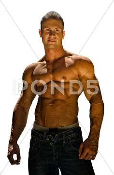 Handsome, muscular shirtless bodybuilder isolated on white Stock Photos