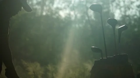 Handsome older golf stands on golf course with clubs Stock Footage 136219442