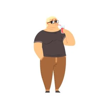 Handsome overweight man drinking soft drink, fat guy in fashionable clothes Stock Illustration
