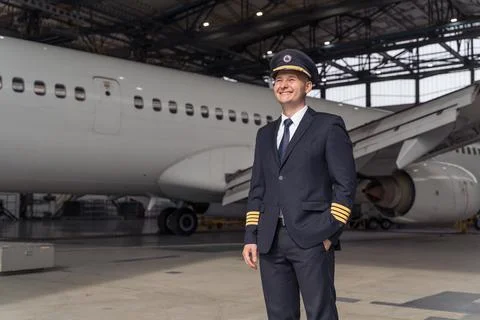 Handsome pilot posing against the backdrop of the aircraft in the hangar Stock Photos