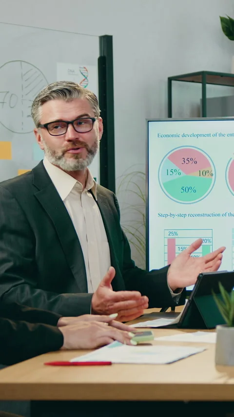 Handsome positive experienced bearded head of enterprise finished briefing about Stock Footage 331997723