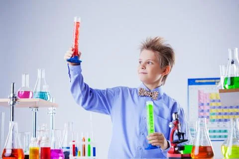 Handsome school boy posing with test-tubes in lab Stock Photos