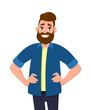 Handsome smart man posing with keeping hands on hips. Human emotion concept. Stock Illustration