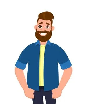 Handsome smart man posing with keeping hands in pockets and smiling. Stock Illustration