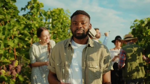 Handsome smiling african young man holding wineglass reveling in wine culture Stock Footage 117255366