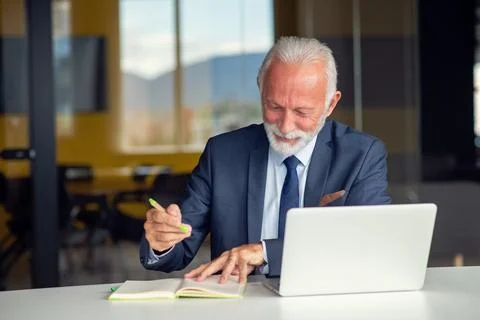 Handsome smiling senior man while sitting at his cozy workplace with laptop at Stock Photos