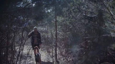 Handsome strong lumberjack holding axe in forest and enjoying with his dog Stock Footage 87534733