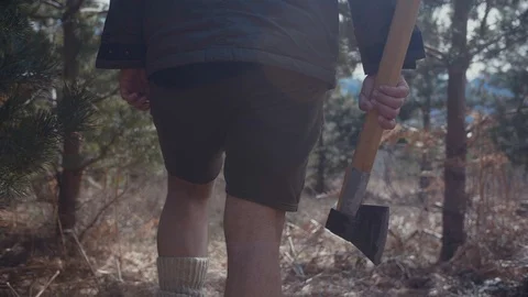 Handsome strong lumberjack holding axe in forest and enjoying with his dog Stock Footage 87565687