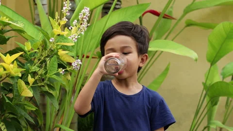 Handsome thirsty asian boy drinks glass of water. Stock Footage 162009063