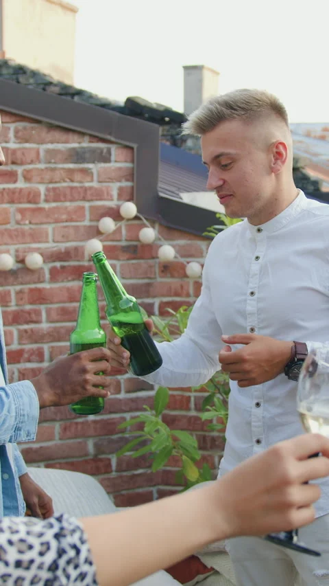 Handsome two mixed race guys together with pretty two joyful diverse female mate Stock Footage 329490239