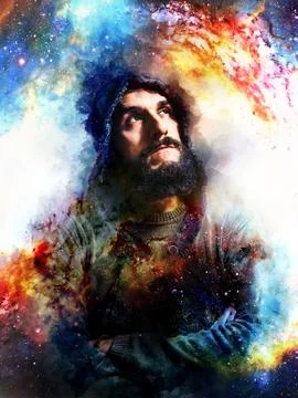 Handsome warrior in cosmic space thinking about his next adventure, abstract Stock Illustration