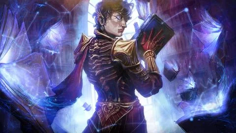 A handsome young black-haired man in the red and gold armor of a necromance.. Ilustración de archivo