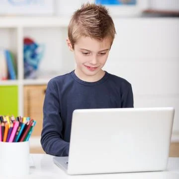 Handsome young boy using a laptop Stock Photos