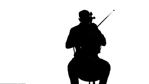Handsome young cellist plays classical cello. Medium long shot. Silhouette Video stock 134522145