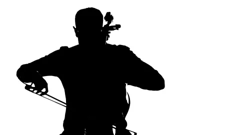 Handsome young cellist plays classical cello. Medium long shot. Silhouette Video stock 134522156