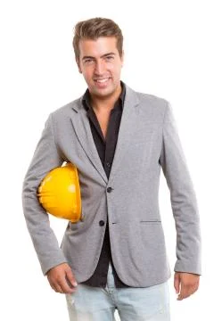 Handsome young engineer posing isolated over white background 스톡 사진