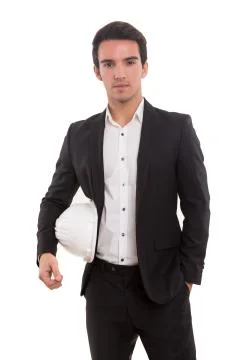 Handsome young engineer posing isolated over white background 스톡 사진