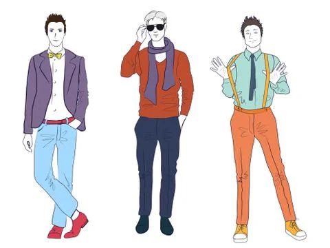 Handsome young guys men models in casual modern fashion clothes isolated. Flat Illustrazione stock