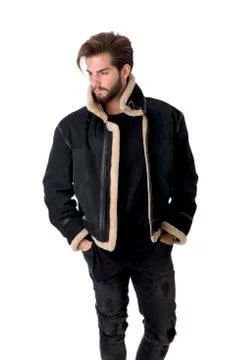 Handsome young man with black leather jacket Stock Photos