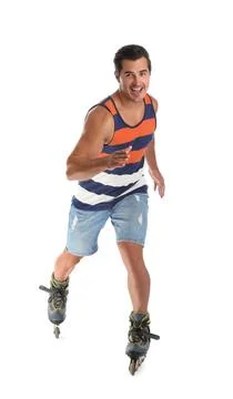 Handsome young man with inline roller skates on white background Stock Photos