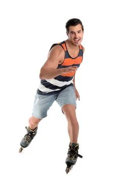 Handsome young man with inline roller skates on white background Stock Photos