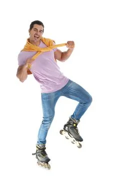 Handsome young man with inline roller skates on white background Stock Photos
