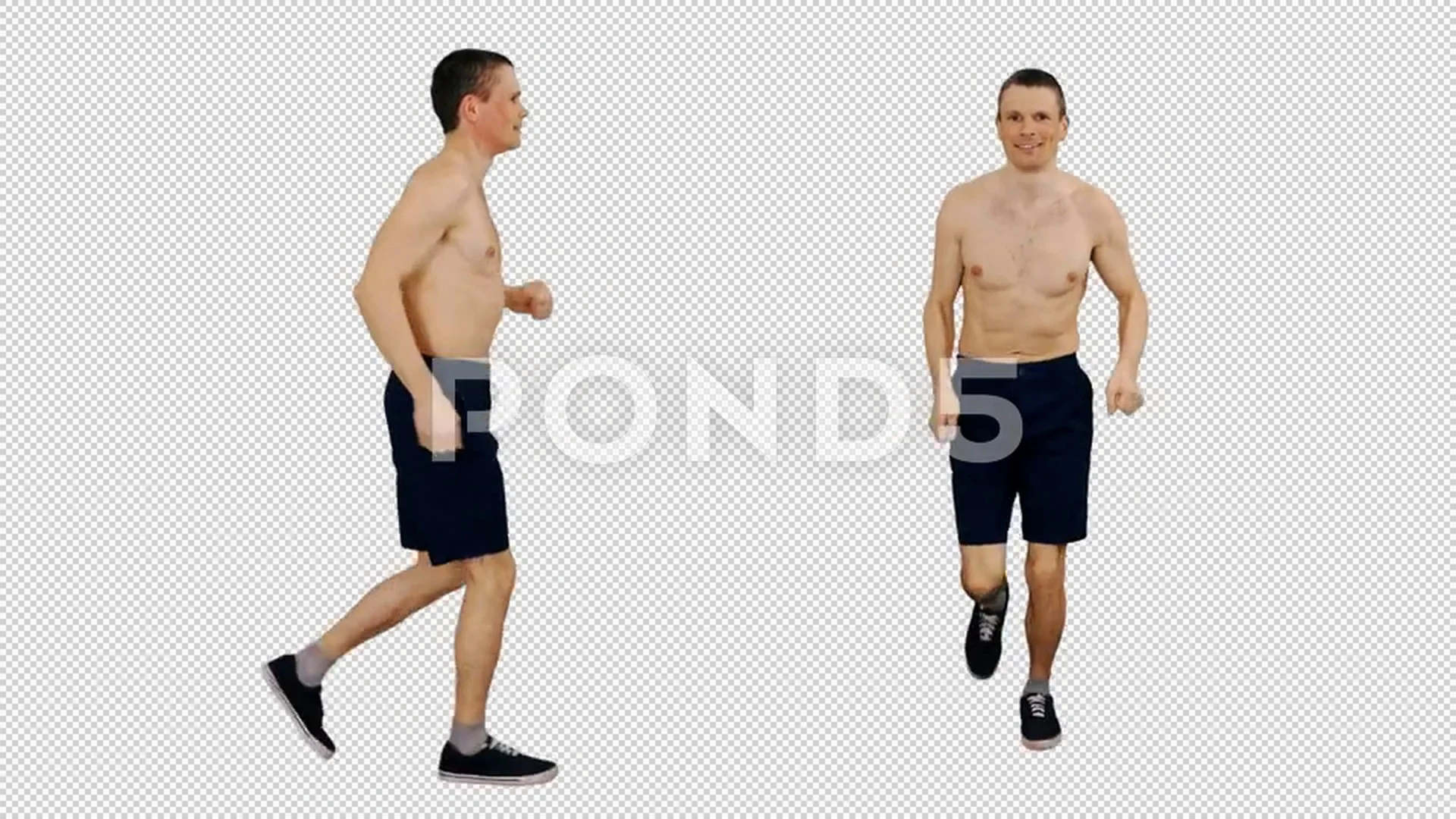 Handsome young man jogging with naked torso, 2 in 1, alpha channel