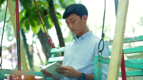 Handsome young man reading a book on swing in the park with three kind of tones Stock Footage 86184674