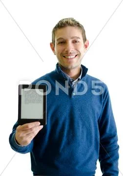Handsome young man showing ebook reader Stock Photos